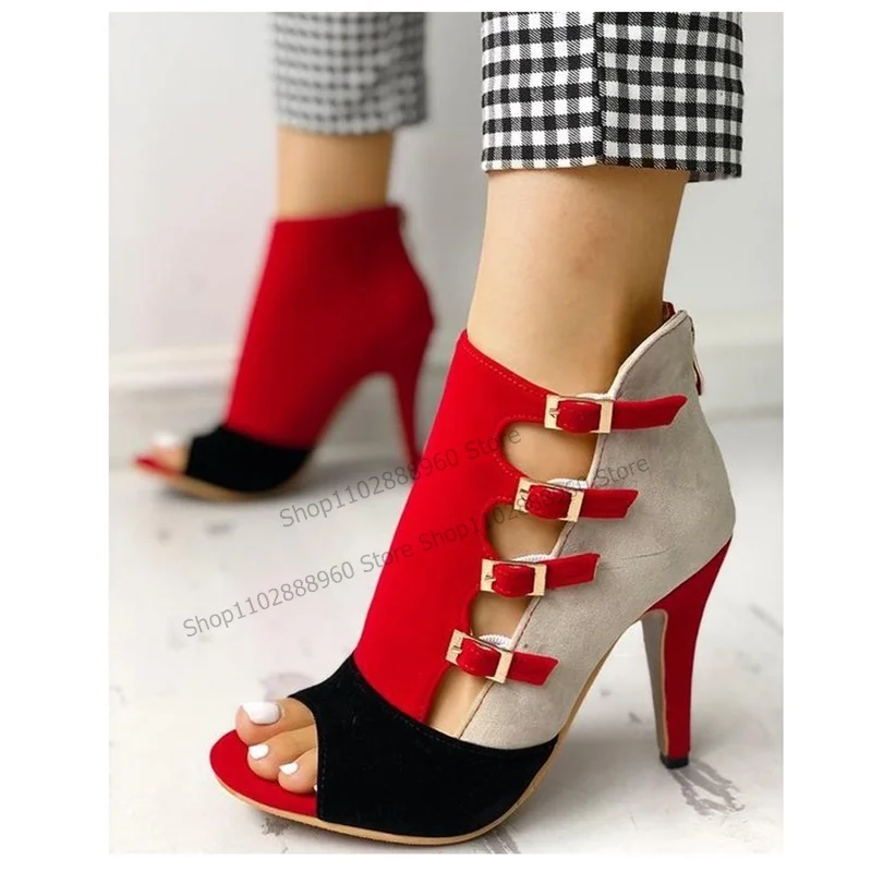 

Mixed Color Flock Belt Buckle Decor Sandal Boots Stilettos High Heel Women Shoes Back Zipper Peep Toe Fashion Zapatillas Mujer