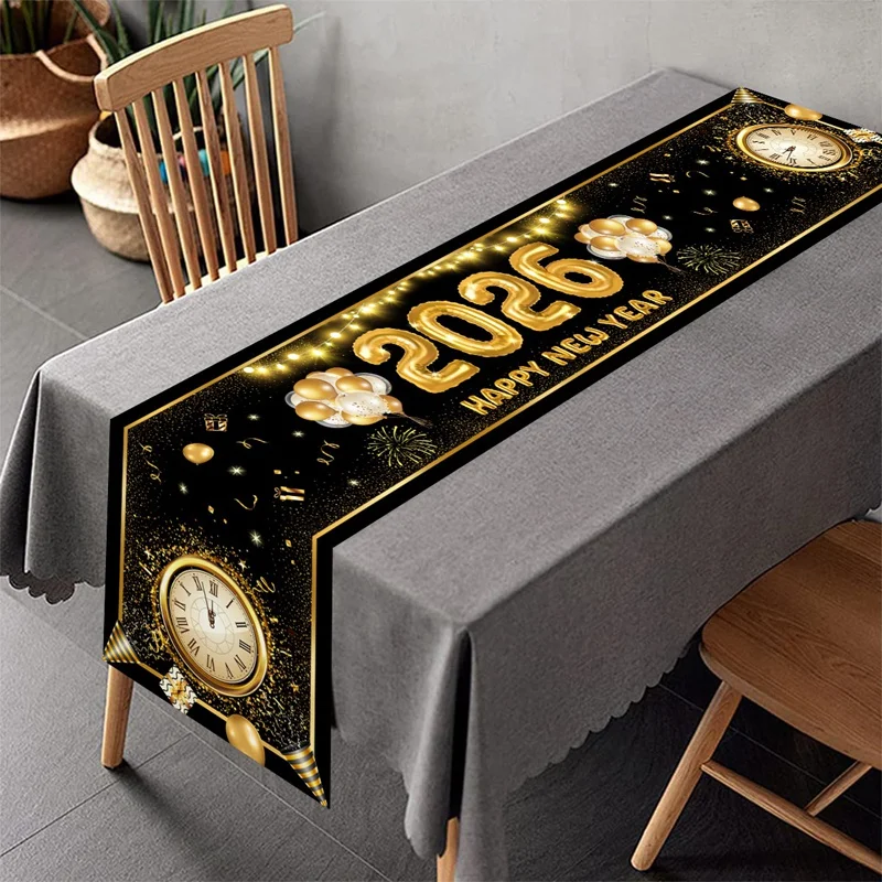 

New Year Table Runner Black Gold Glitter New Years Eve Table Cover 2026 Happy New Year Party Table Decorations for Home Party