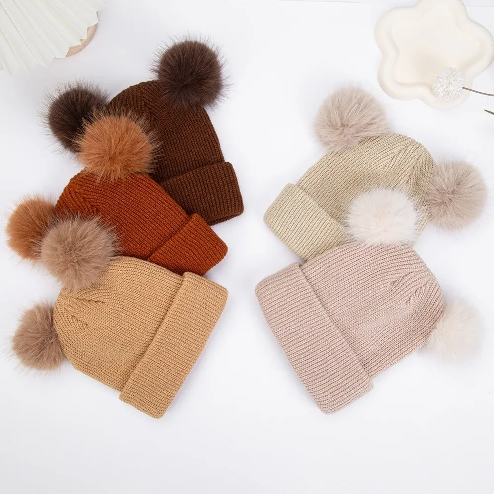 Solid Color Baby Knit Hat Plush Ball Pullover Style Infant Bonnet Windproof Warm Newborn Turban Cap Winter Autumn Season