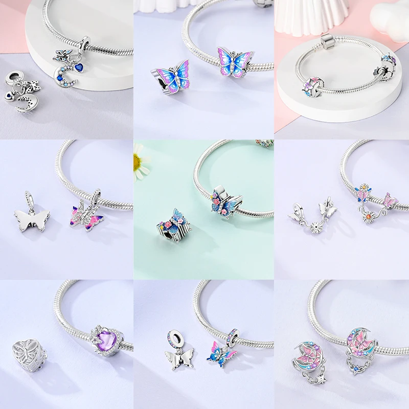 Schmetterlingsanhänger 925 Sterling Silber Rosa Blau Regenbogen Perlenanhänger Passend für Europäische Armbänder DIY Schmuck Geschenk für Frauen und Mädchen 2026 – Detail 7