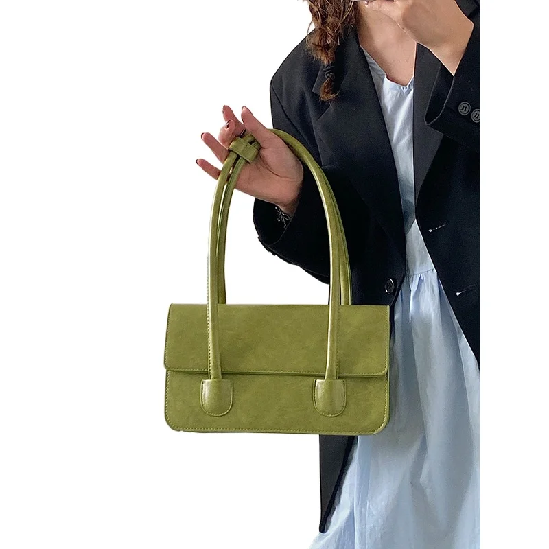 

2025 New PU Women's Bag Oil Waxed Leather Shoulder Bag Senior Sense Fashion Trend Bean Green Underarm Bags