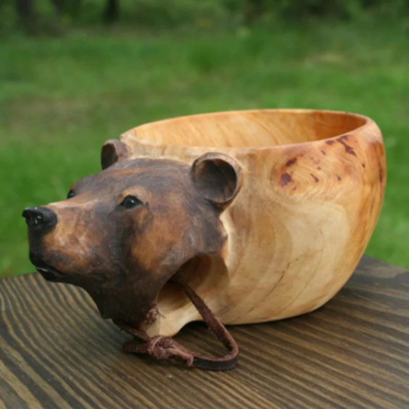 Animal Hand Carved Solid Wood Mug Tea Coffee Milk Water Cup Rubber Wood Kuksa Wooden Mug Household Drinkware Kitchen Supplies