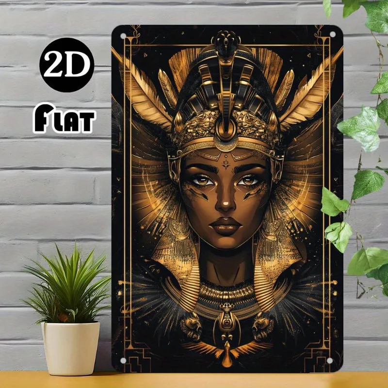 Vintage Egyptian Queen Theme Aluminum Metal Wall Art, Golden & Black Retro Style Decor with Hieroglyphs, 2D Flat