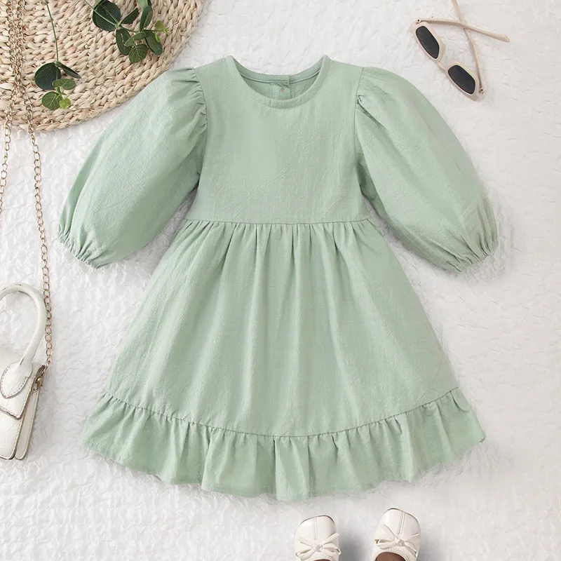 

Bubble Sleeve Solid Color Dress Girls Summer Simple Casual Long Sleeved Fashionable Princess Dress Kids Clothes