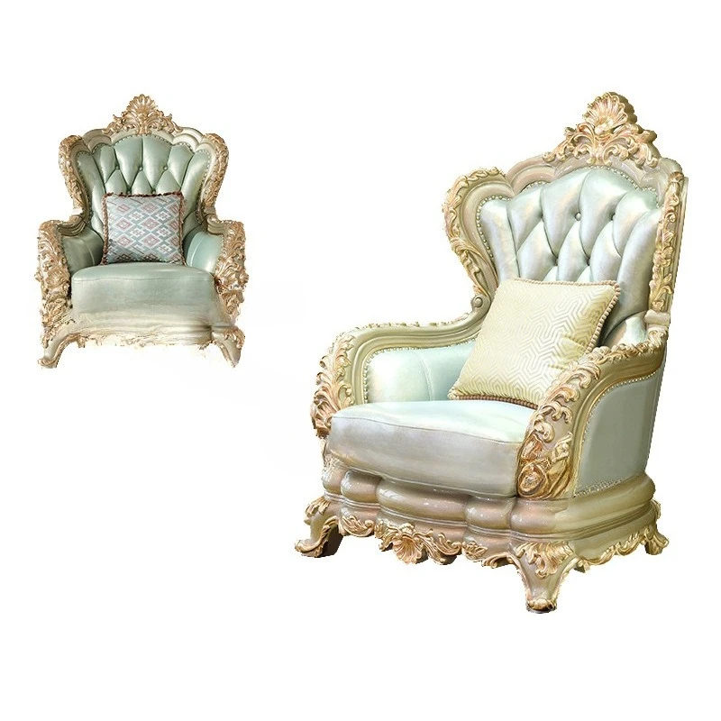 Sofa aus Massivholz, doppelseitig geschnitzt, europäisches Leder, Wohnzimmer, Rindsleder