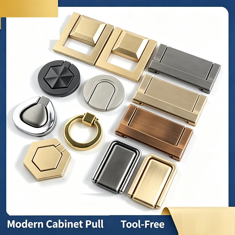ulti‑Style Recessed Flip Cabinet Pull Handle, Hidden Flush Drawer Knob Ring Pull, Zinc Alloy Furnit