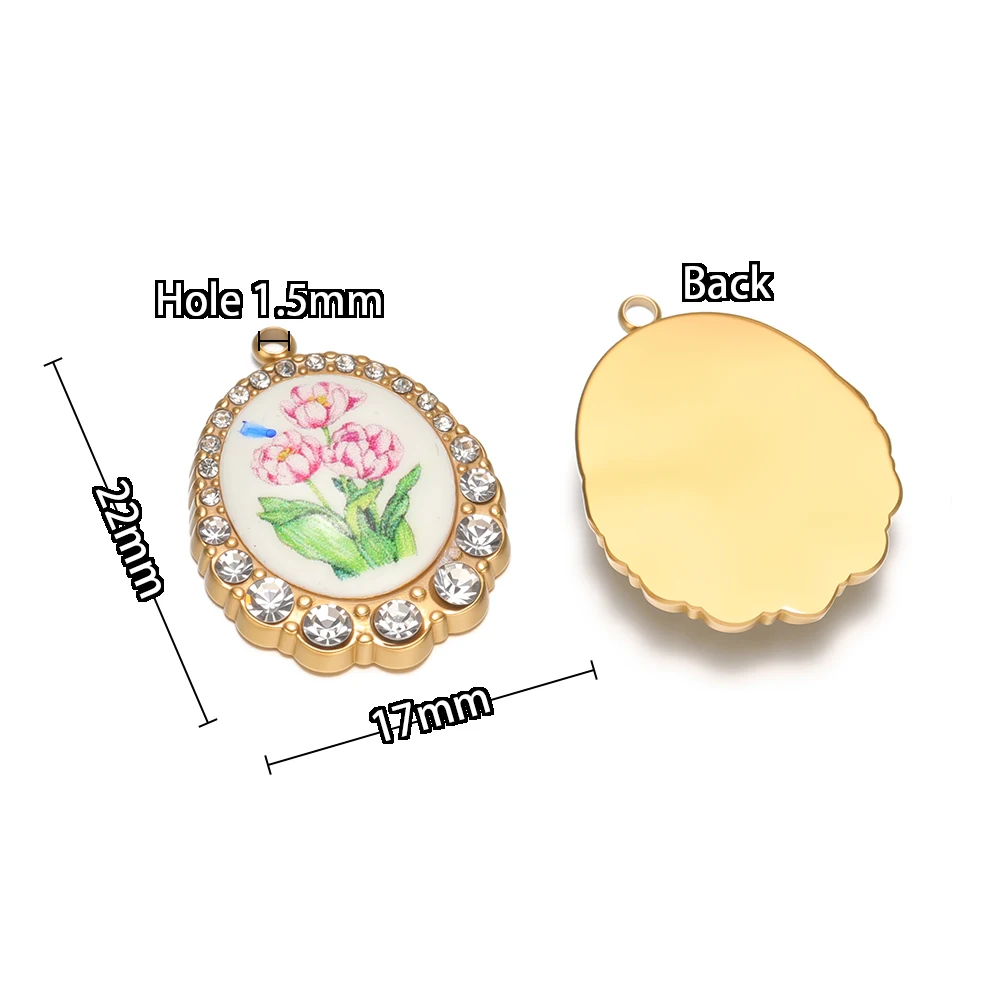 3 Stück Edelstahl-Zirkon-Oval-Emaille-Blumenanhänger für DIY-Muttertagsgeschenke, Schmuckherstellung von Halsketten, Anhängern, Armbändern und Ohrringen – Detail 3