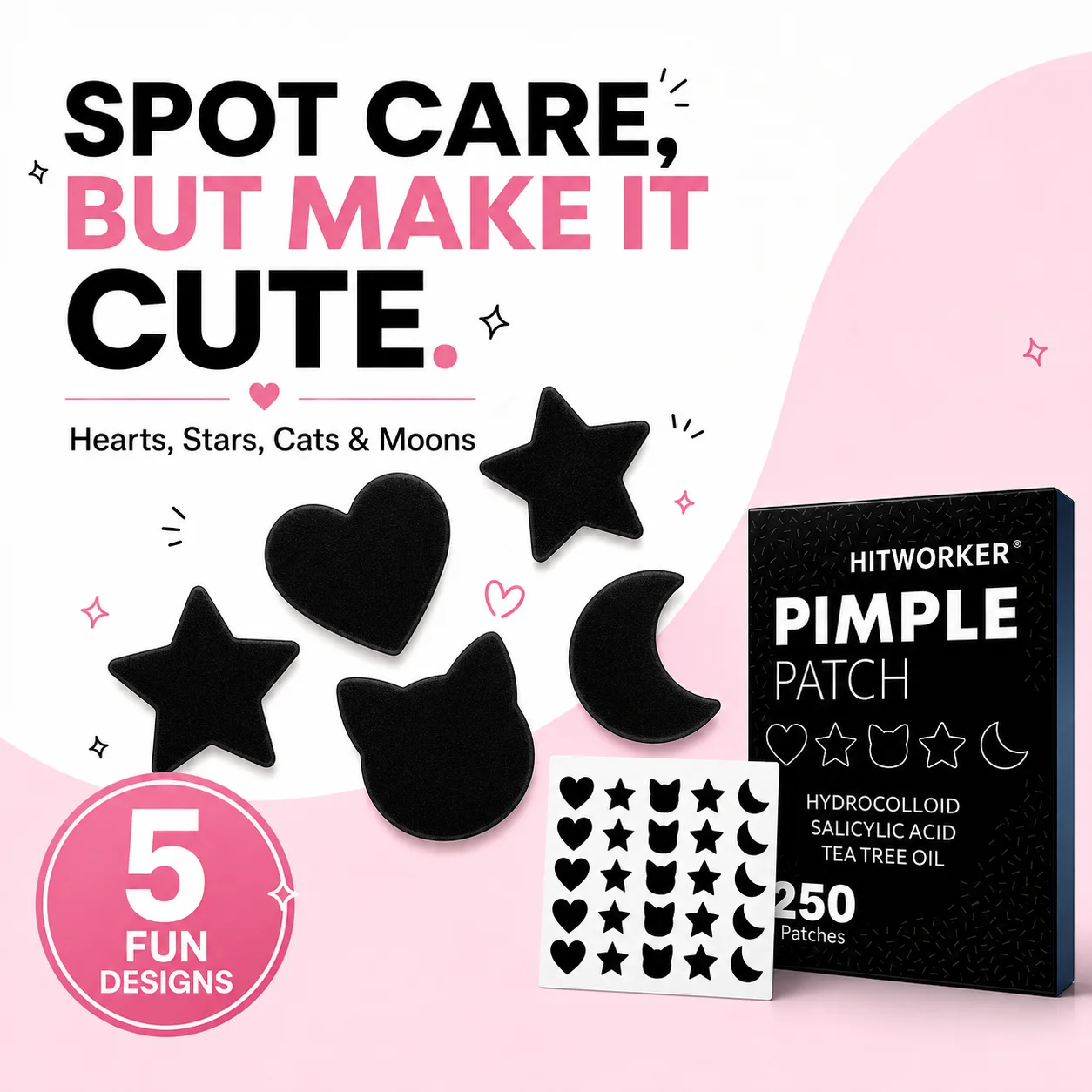 250PCS Cute Hydrocolloid Pimple Patches, Heart Star Cat Moon Blemish Cover Stickers for Face, Mixed Shape Spot Patches