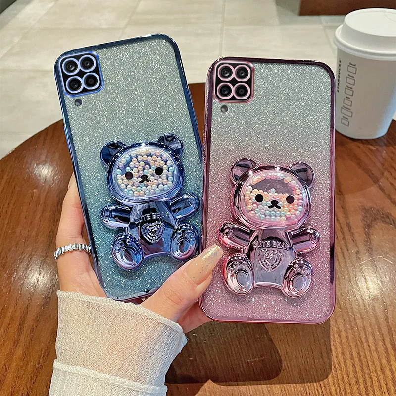 A22 4G Case For Samsung Galaxy A22 4G M22 M32 4G F22 Gradient Glitter Quicksand Beads Cute Bear Holder Case Cover Samsung A22