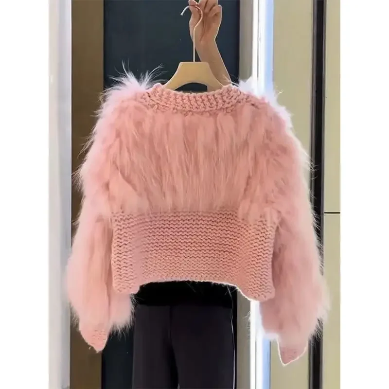 V-Neck Pink Crocheted 3D Grapes Knitted Cardigan Faux Mink Fur Spliced Sweater Coat Imitated Fox Hair Patchwork Knitwear Tops