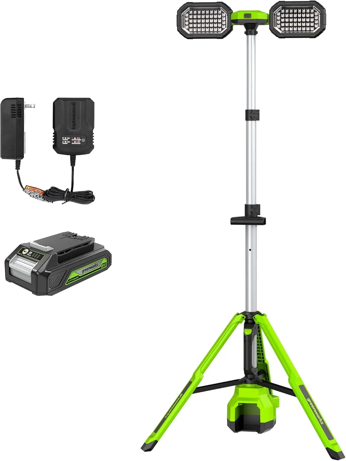 Greenworks 24V 3,000 Lumen Standing Light Kit, LED Tripod Light with 2Ah Battery and 2A Charger