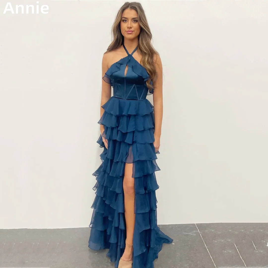 Annie Navy Blue Prom Dresses Halter Neck Organza Multi-layer Evening Dresses Sexy Back With Side Slits Wedding Party Dress