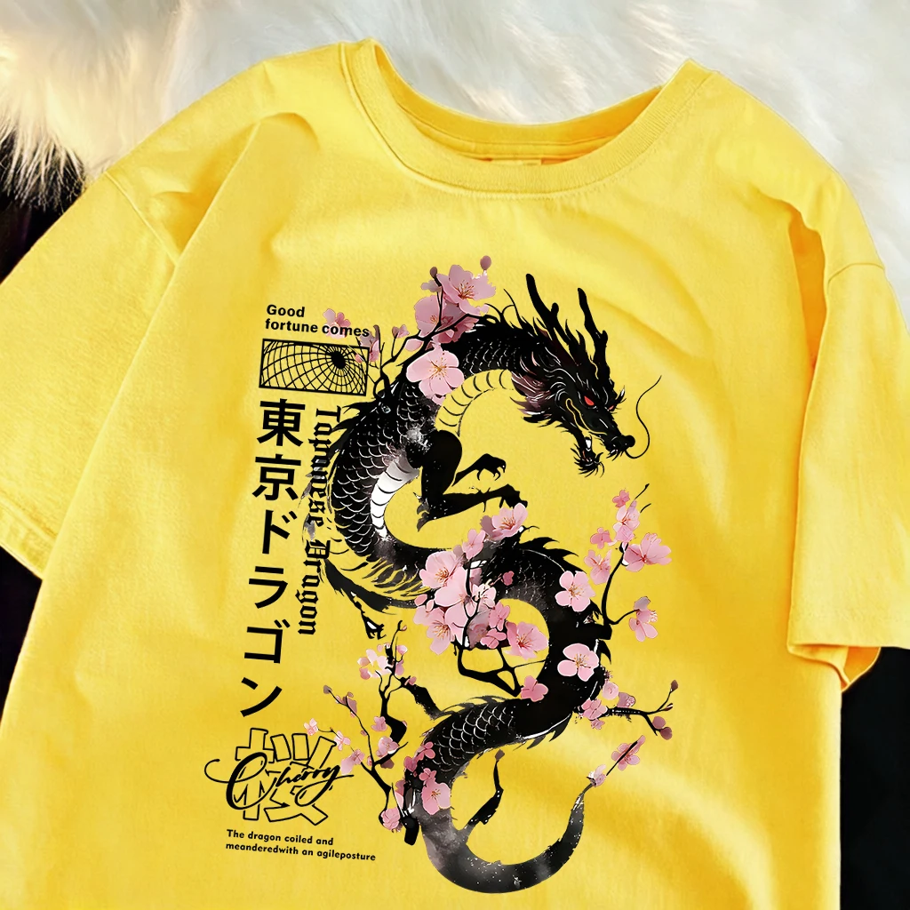 Sakura Tokyo Dragon Print Herren-T-Shirt, lockeres Baumwoll-Retro-T-Shirt mit O-Ausschnitt, Basic-Kurzarm, modisch, Unisex, Sommer, Freizeitkleidung