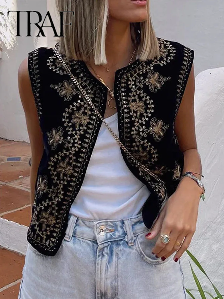 TRAF Vintage Autumn Velvet Embroidered Vest Sleeveless Jacket Women V Neck Chic Waistcoats Female Fashion Vests Coat 2023