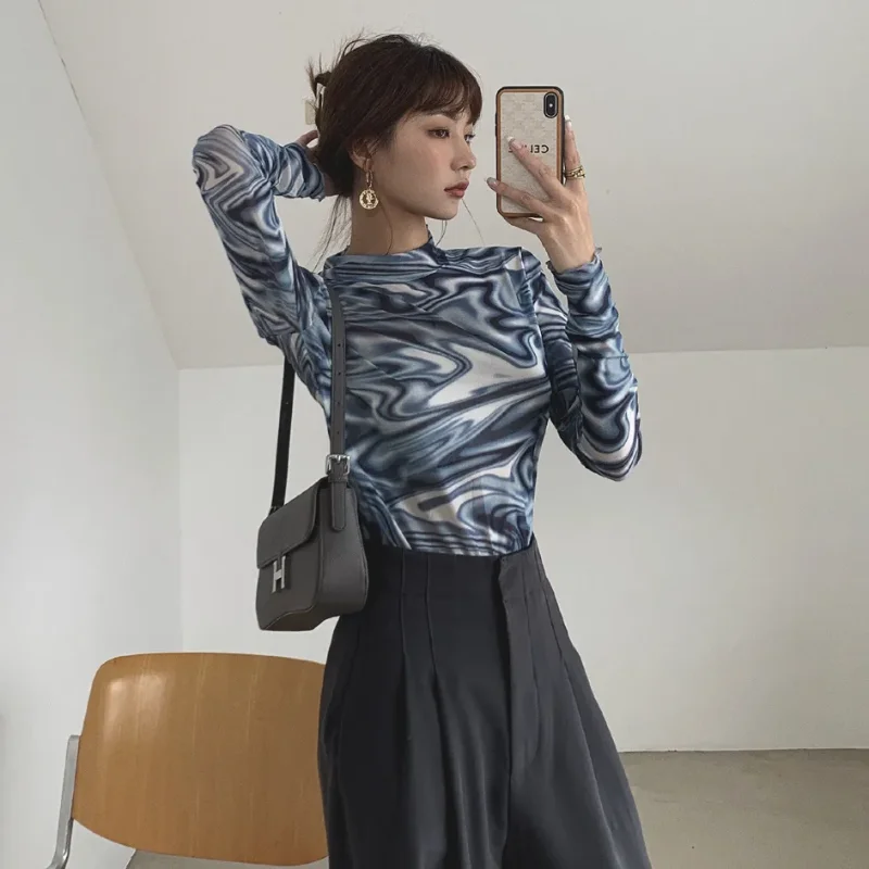 Hot Girl Half Turtle Neck Tie Dye T-Shirt Women's Fashionable Slim Long Sleeve Bottoming Shirt Round Neck Top