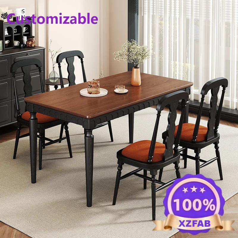 Factory Direct 2026 French medieval style solid wood dining table and chair combination retro style ash wood rectangular dining