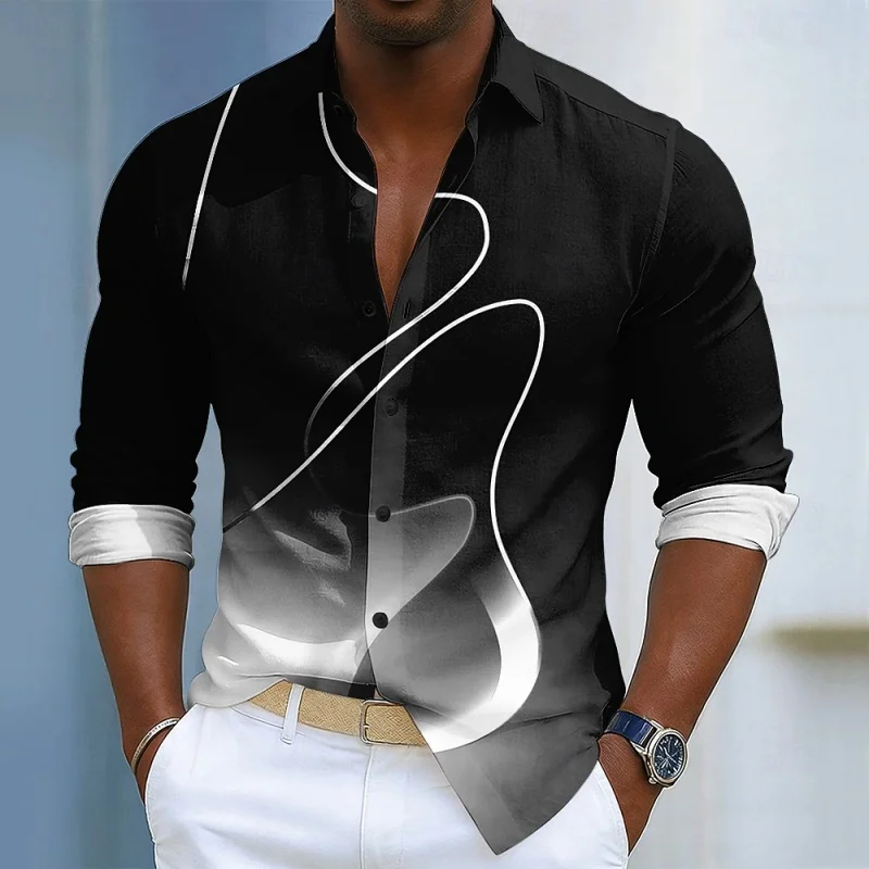 Men's Shirt Long Sleeve Gradient Abstract Curve Print Turn Down Collar Casual Streetwear Autumn Daily Fashion Top Men Clothes