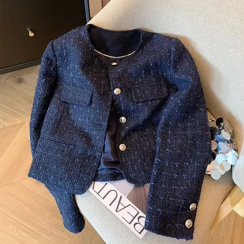 Dark Blue Tweed Short Coat Women's Autumn 2024 Fashionable Socialite Western Style Woven Long-Sleeved Top