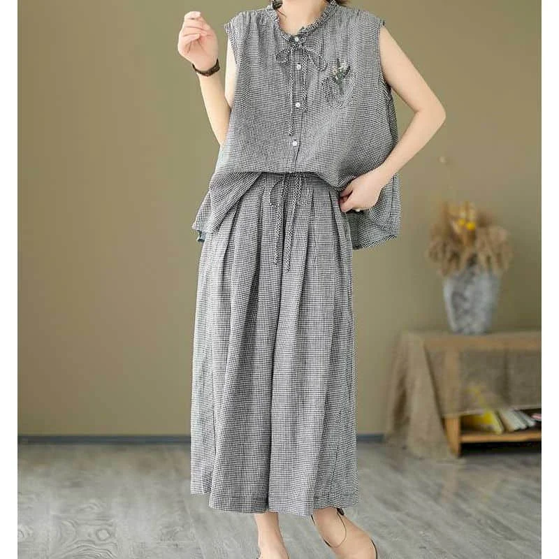 Plaid Pants Sets Casual Loose Cotton Linen Sleeveless O-neck Tops and Wide Leg Pants Korean Style Two Piece Sets Women Outfits