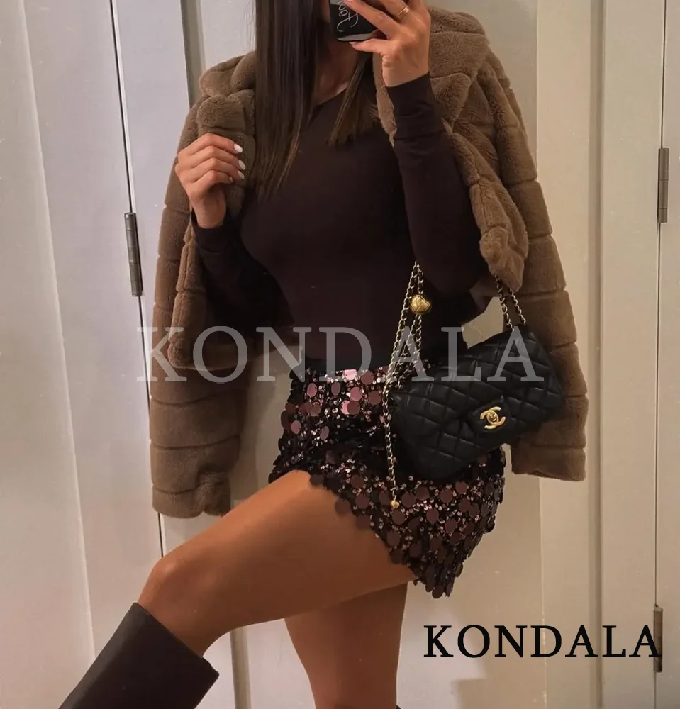 KONDALA сексуальная мини-юбка с блестками, женские блестящие вечерние юбки трапециевидной формы с высокой талией, женские модные рождественские новогодние юбки 2025, праздничные юбки