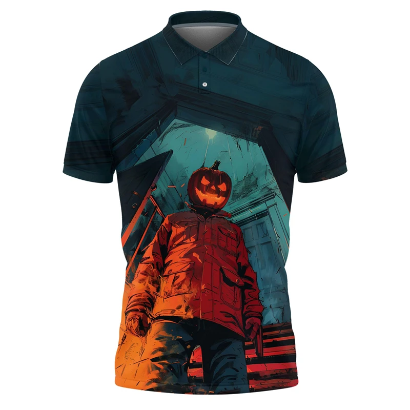 Halloween Happy Polo Shirts For Men Clothes Horror Monster Graphic POLO Shirt Funny Design Short Sleeve Abstract Pumpkin Tee Top