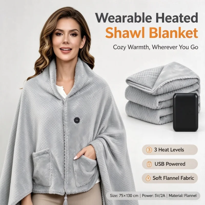 USB Electric Heating Shawl Blanket with Pocket Wearable Electric Blanket | for Home Office Camping - With Portable Power Bank