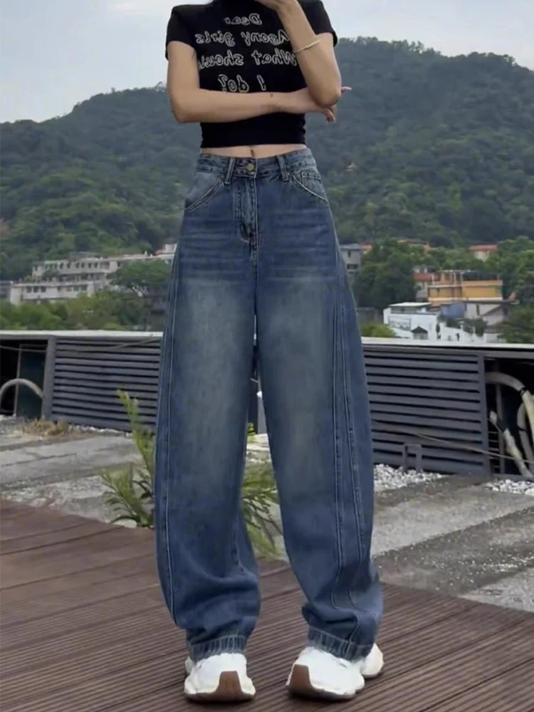 Asymmetric Button Design Pocket Washed Casual Harajuku High Street Grunge Denim Trouders Women  Autumn Loose Street Jeans