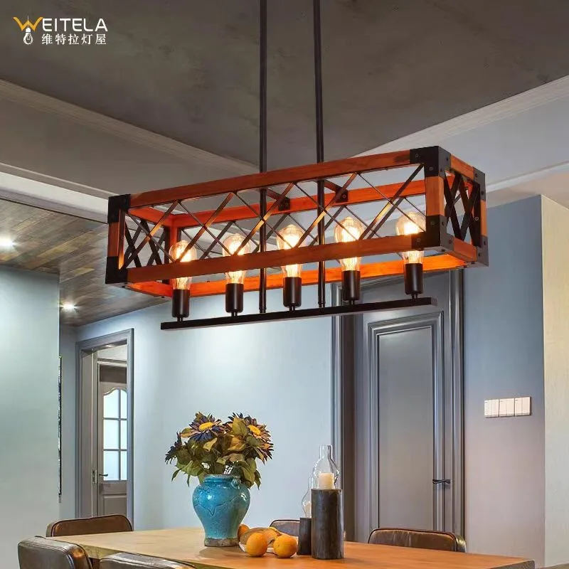 American Vintage Hotel Dining Room Living Room Chandelier Wrought Iron Solid Wood Cafe Chandelier