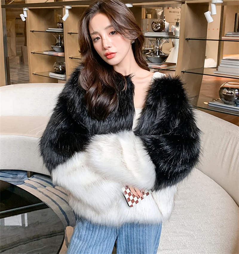 FANIECES Winter Warm Faux Fur Coat Cardigan Tops Women O Neck Long Sleeve Fur Jacket Black White Patchwork Feather Overwear 코트