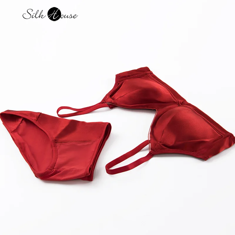 Women's Fashion Sexy Underwear Set Big Red Back Three Row Buckle Thin Fixed Shoulder Strap Natural Mulberry Silk Bra