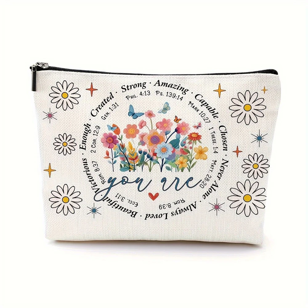 1pc  Christian Floral Cosmetic Bag, Bible Verse Makeup Pouch For Women, Faith Travel Toiletry Organizer Zipper Pouch