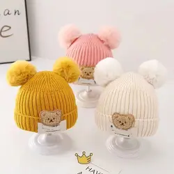 Solid Color Soft Plush Ball Children Warm Cap Baby Knitted Hat 0-3Year Winter Hat Boys Girls