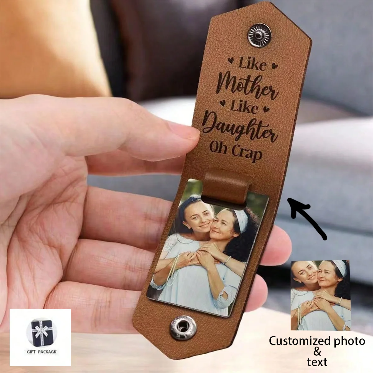 Custom photos like Mother like daughter Oh duh - Gift for Mom - Personalized leather photo keychain