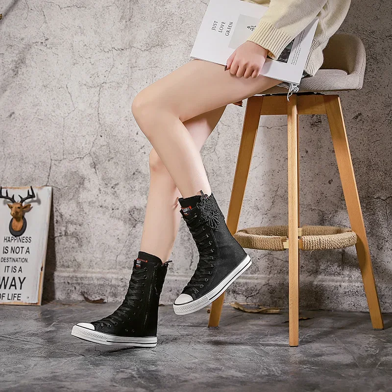 

2026 new 34-43 Women Shoes Canvas Casual High Top Shoes Long Boots Lace-Up Zipper Comfortable Flat Boots Sneakers