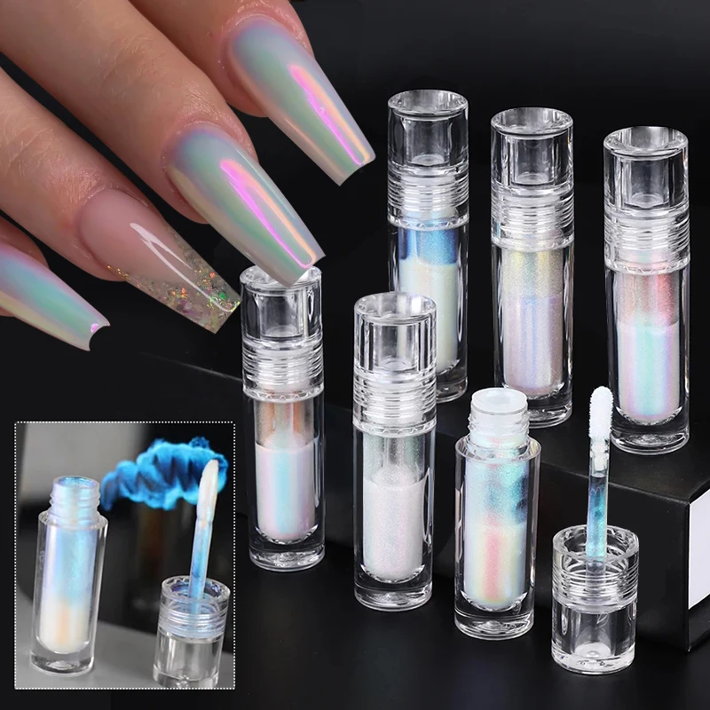 1 Bottle Auroras Liquid Mirror Powder With Brush Metallic Pearl Pigment Chrome Chameleon Powder Dust Manicure Nail Art Decor