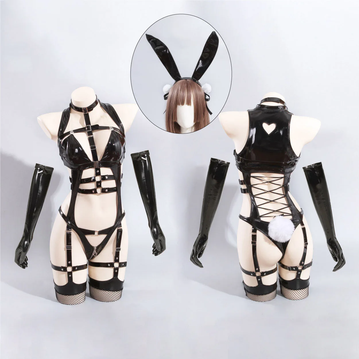 Restraint Bunny Girl Cosplay Costume Women Sexy Leather Bodysuit Gloves Socks Set Cute Rabbit Uniform Halloween Carnival Clothes - view 4
