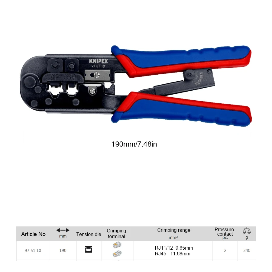 KNIPEX 97 51 10 Crimping Pliers for Western Plugs for Data Cables in Telecommunication and Networks 190mm