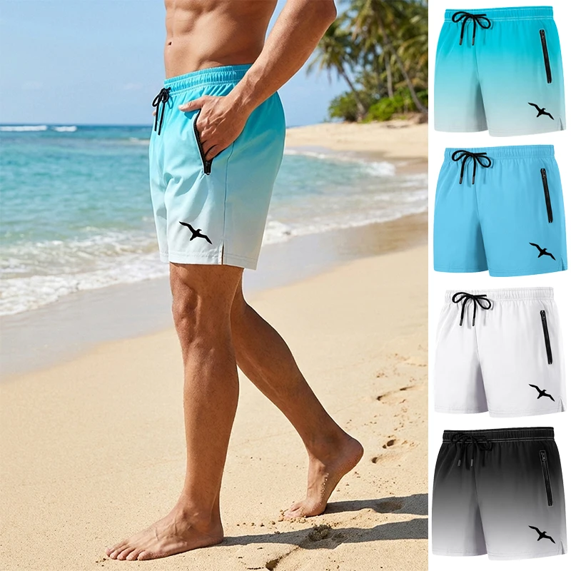 Flying Bird Print Beach Shorts for Men Summer Casual Board Shorts with Mesh Liner Zipper Pockets Quick Dry Swim Trunks Swimwear