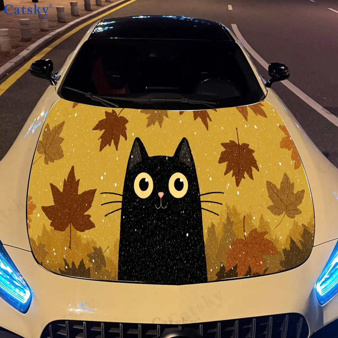 

Модные осенние виниловые обертывания для автомобиля из ПВХ с кленовым черным котом, самоклеящаяся водонепроницаемая наклейка на капот автомобиля, защита украшения автомобиля St