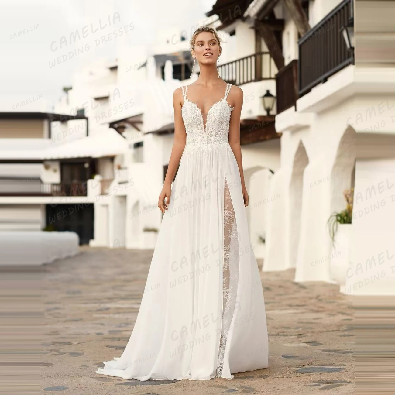 Vestidos De Novia sencillos con apliques De cuello en V para mujer, Sexy, tirantes finos, sin mangas, abertura lateral