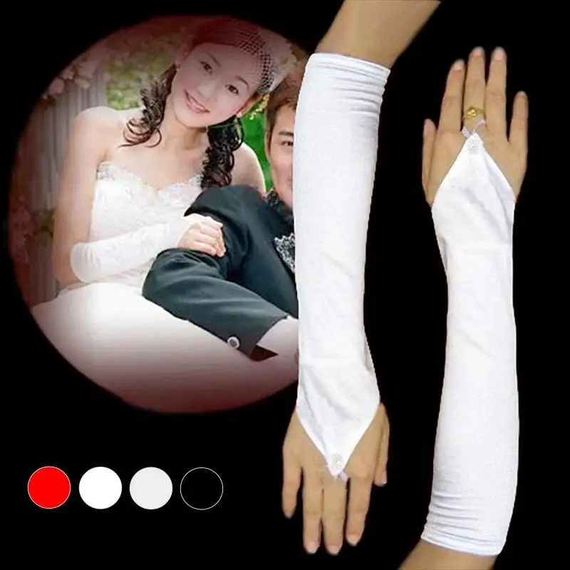 Bride's Mid-Length Hook Fingerless Glove Satin Wedding Dress Sleeveless Smooth Finish Gloves for Brides