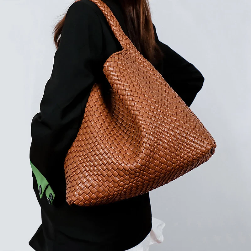 2024 Women Bag Luxury PU Leather Handbag Lady Fashion Handmade Knitting Tote Female Hand-woven Basket Shoulder Bag with Purse