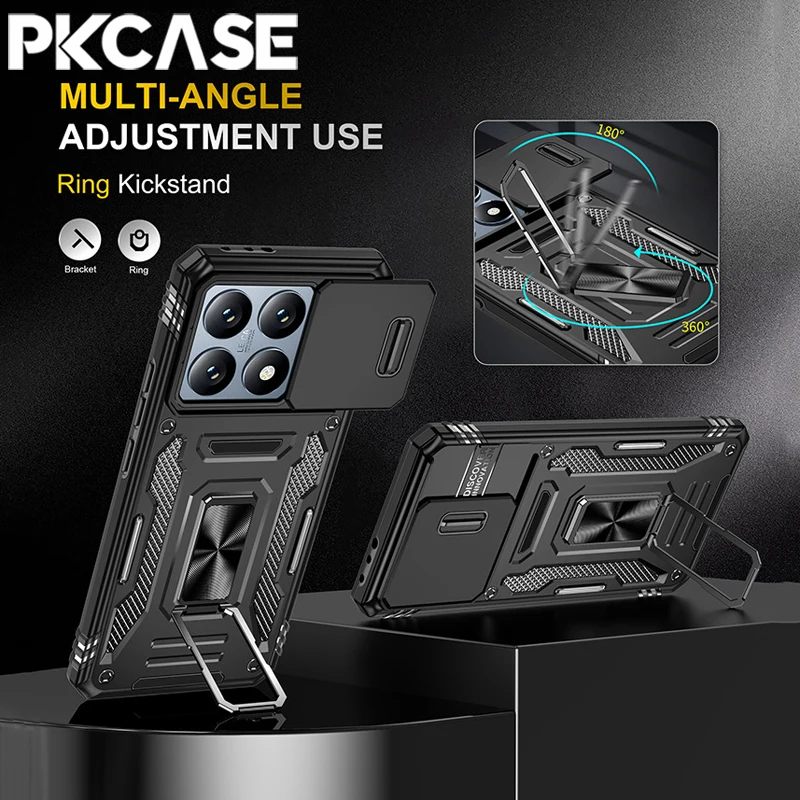 PKCASE Military Grade Shockproof Bracket Case For Xiaomi Poco X6 Pro Push Window Cover For Xiaomi 14T Pro