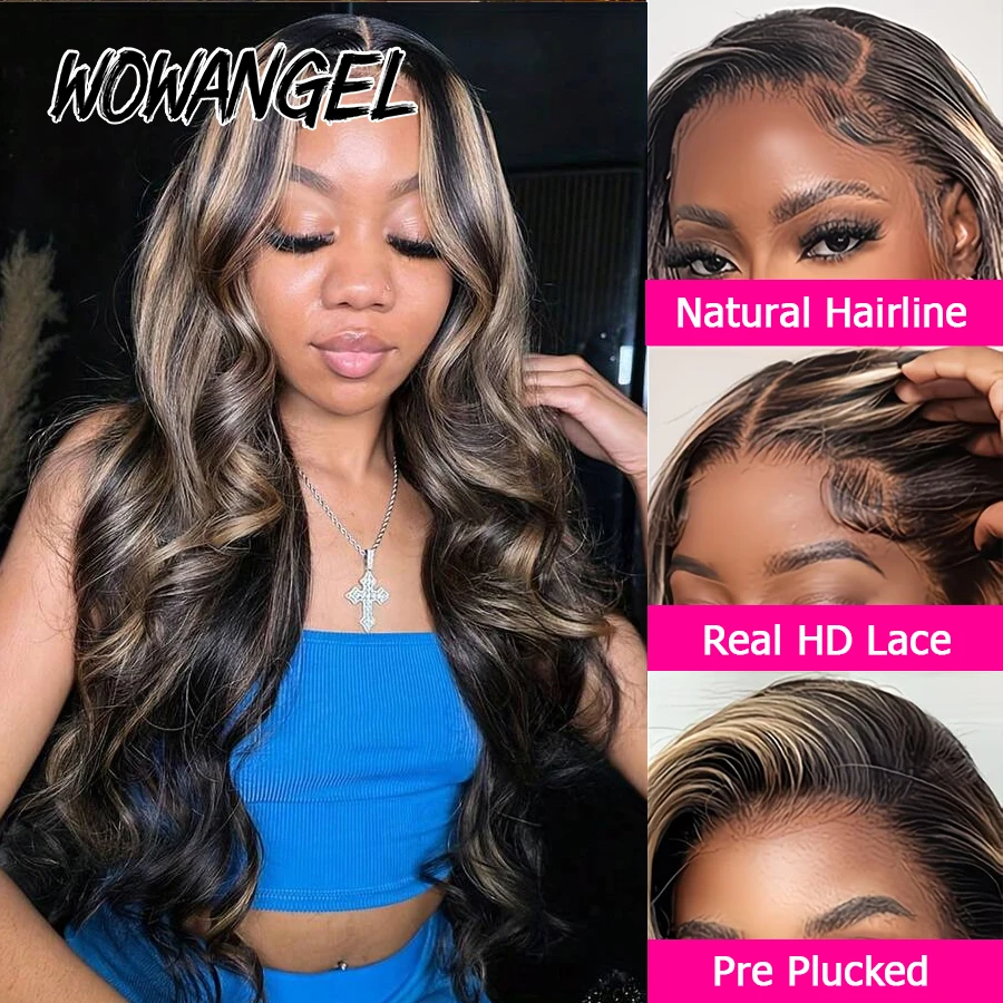 WOWANGEL 1B/27 Highlight Body Wave Perücke, kleberlos, 5x5 HD-Spitzenverschluss-Perücke, 100% Echthaar, vorgezupfter natürlicher Haaransatz, blonde Perücke – Detail 4