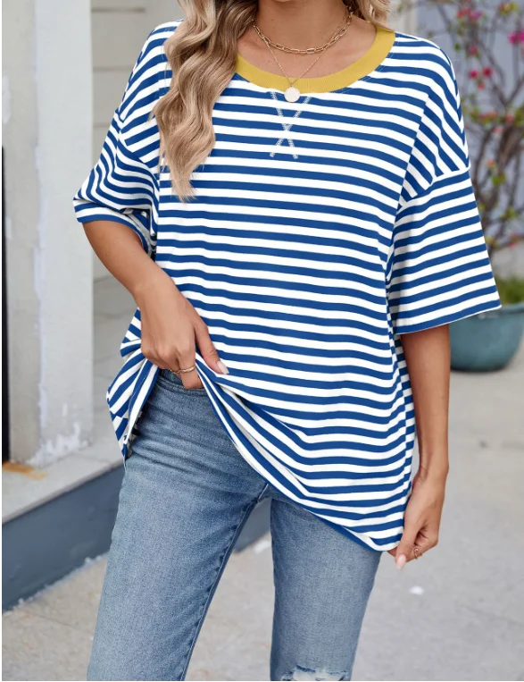 T-Shirt coupe ample pour femmes, rayé, contraste, col rond, demi-manches, haut quotidien décontracté, adapté à diverses tenues assorties