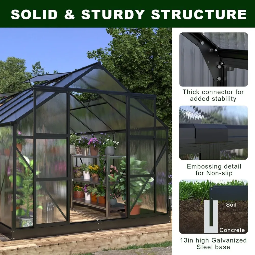 Großes Aluminium-Gewächshaus mit Belüftungsfenstern, 2 Schiebetüren, begehbar im Freien, 8 x 14 x 7,5 Fuß Polycarbonat-Gewächshaus