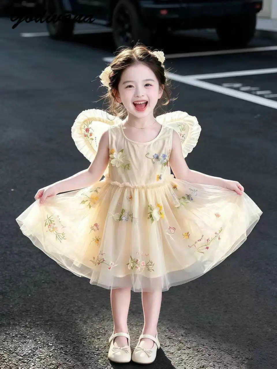 Baby Girls Sweet Fairy 3D Wings Performance Tulle Princess Dress 2026 Summer New Kids Floral Sleeveless O-neck Mesh Party Gown