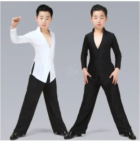 Latin Dance Top Boys Sexy V-Hals Shirt Zwarte Wijde Pijpen Broek Kids Latin Dance Wedstrijd Kostuums Kinderen Rumba Kleding