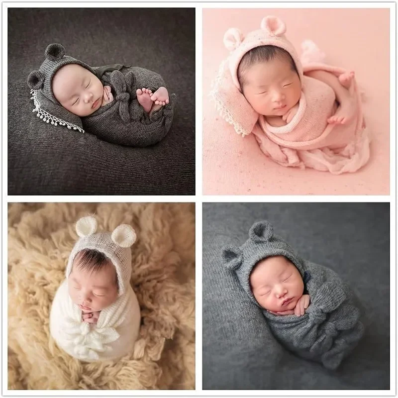 مجموعة قبعة برينس بير وحقائب قماط - ملابس خلفية للتصوير الفوتوغرافي لحديثي الولادة - 3 قطع دعائم استوديو مع فرو صناعي