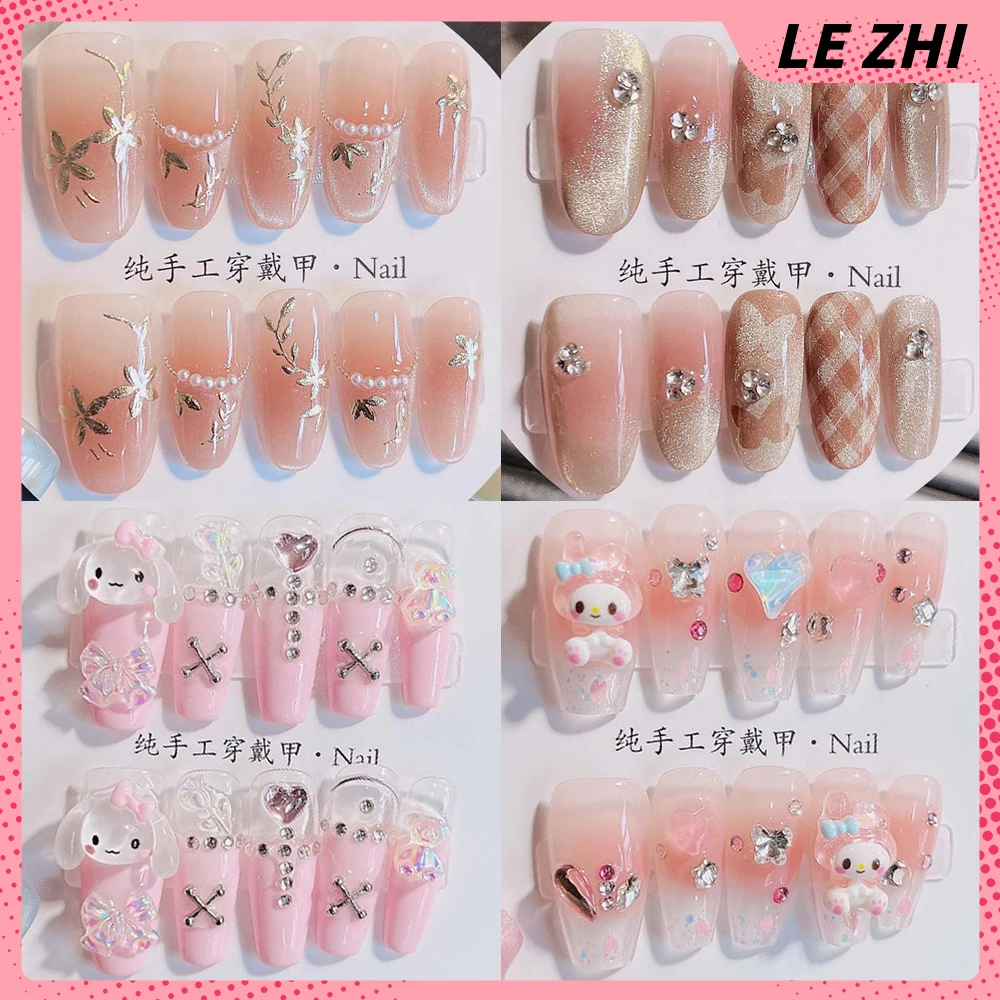 

Sweet Lovely Handmade Long Coffin Ellipse Handmade Press On Nail Gentle My Melody Cinnamoroll Diamond Flowers Reusable Fake Nail